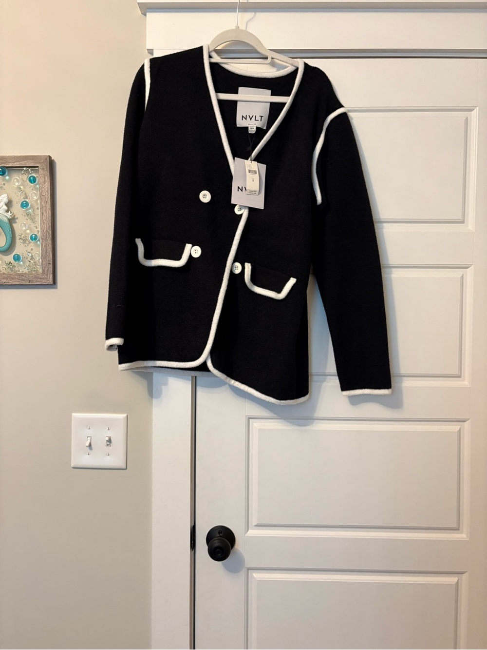 NVLT Black Knit Jacket with White Piping - Girls